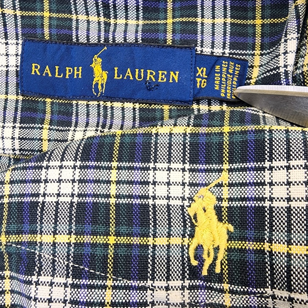 Ralph Lauren Mens XL Plaid Green Blue Yellow Long Sleeve Button Front Shirt